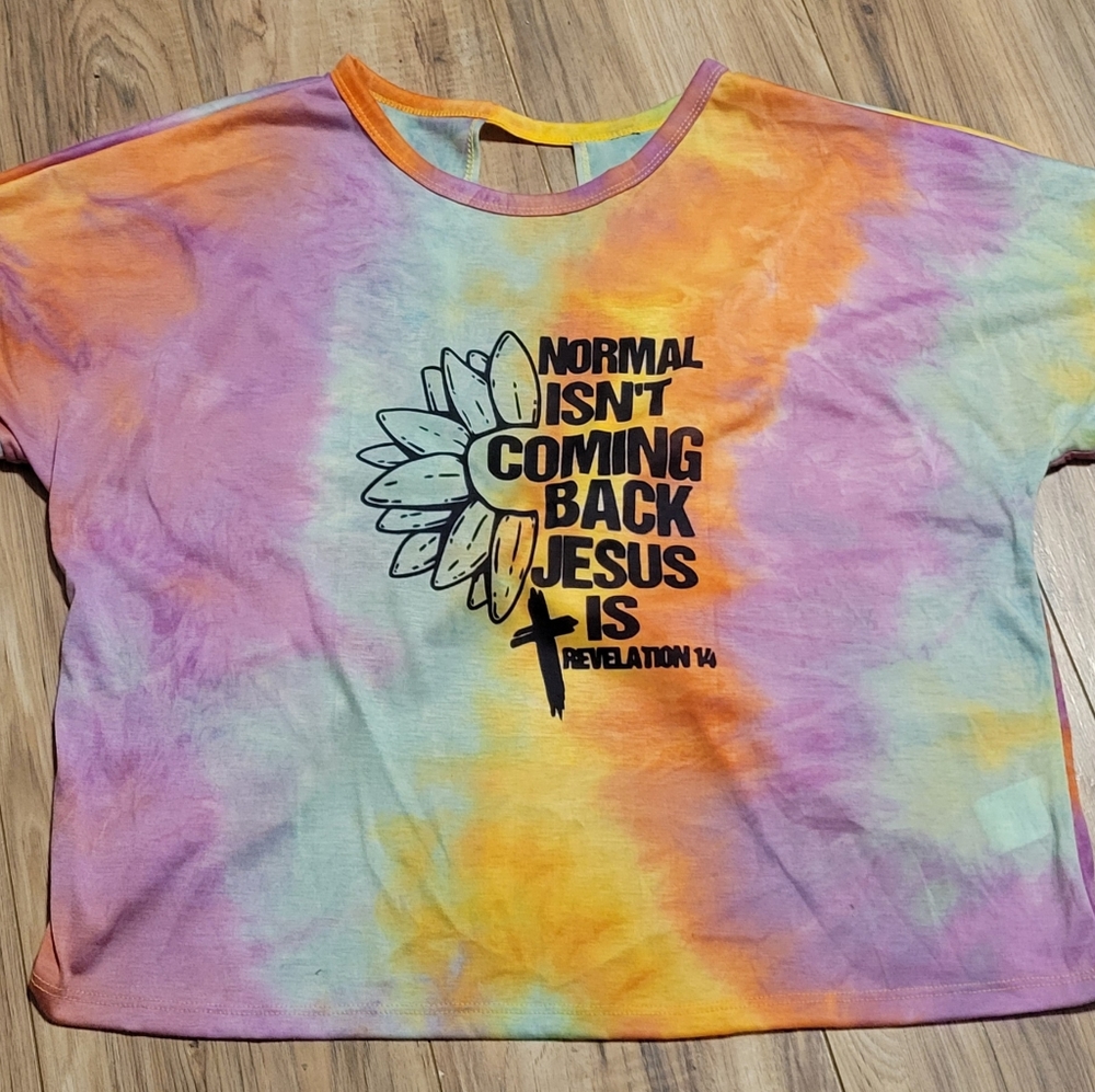 Twist back tie dye graphic tee - Normal isn't coming back Jesus is! Size Xlarge
